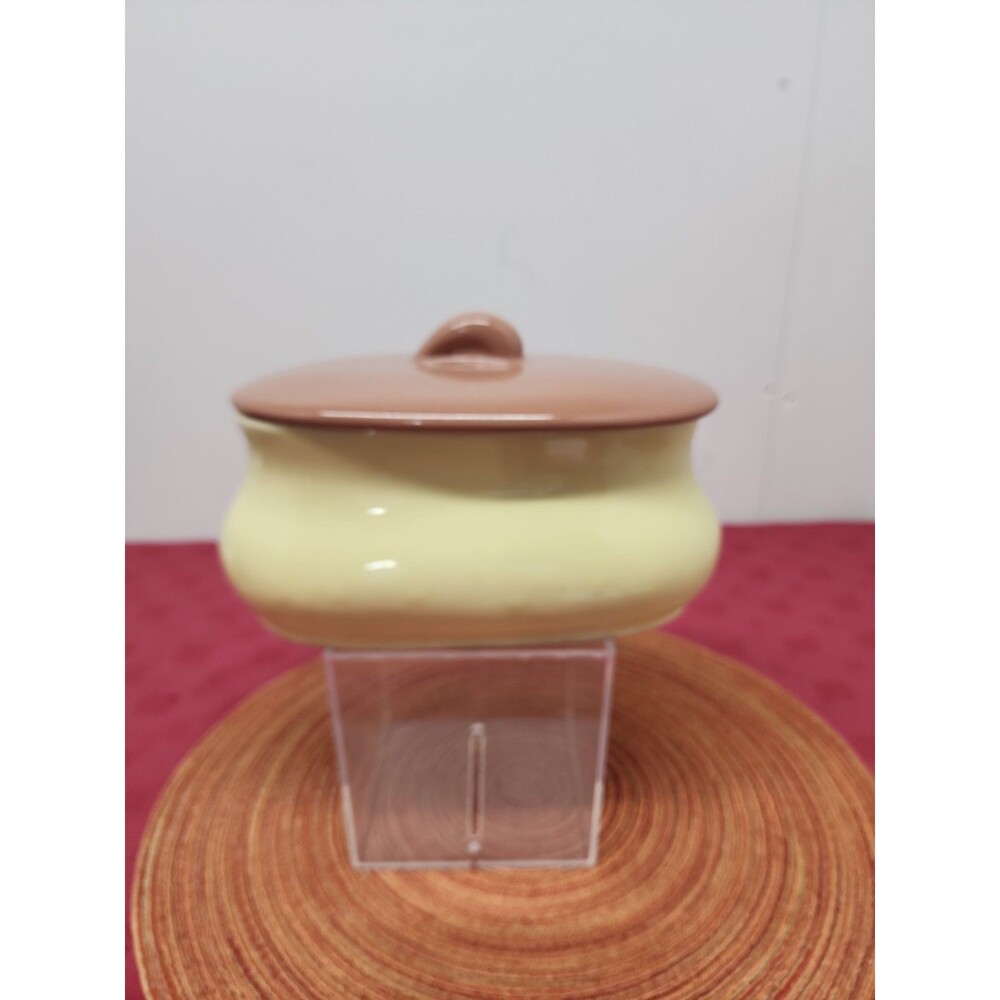 MCM Brush USA Pottery P28 Covered Dish 1940s Yellow Base Cinnamon Lid Grannycore